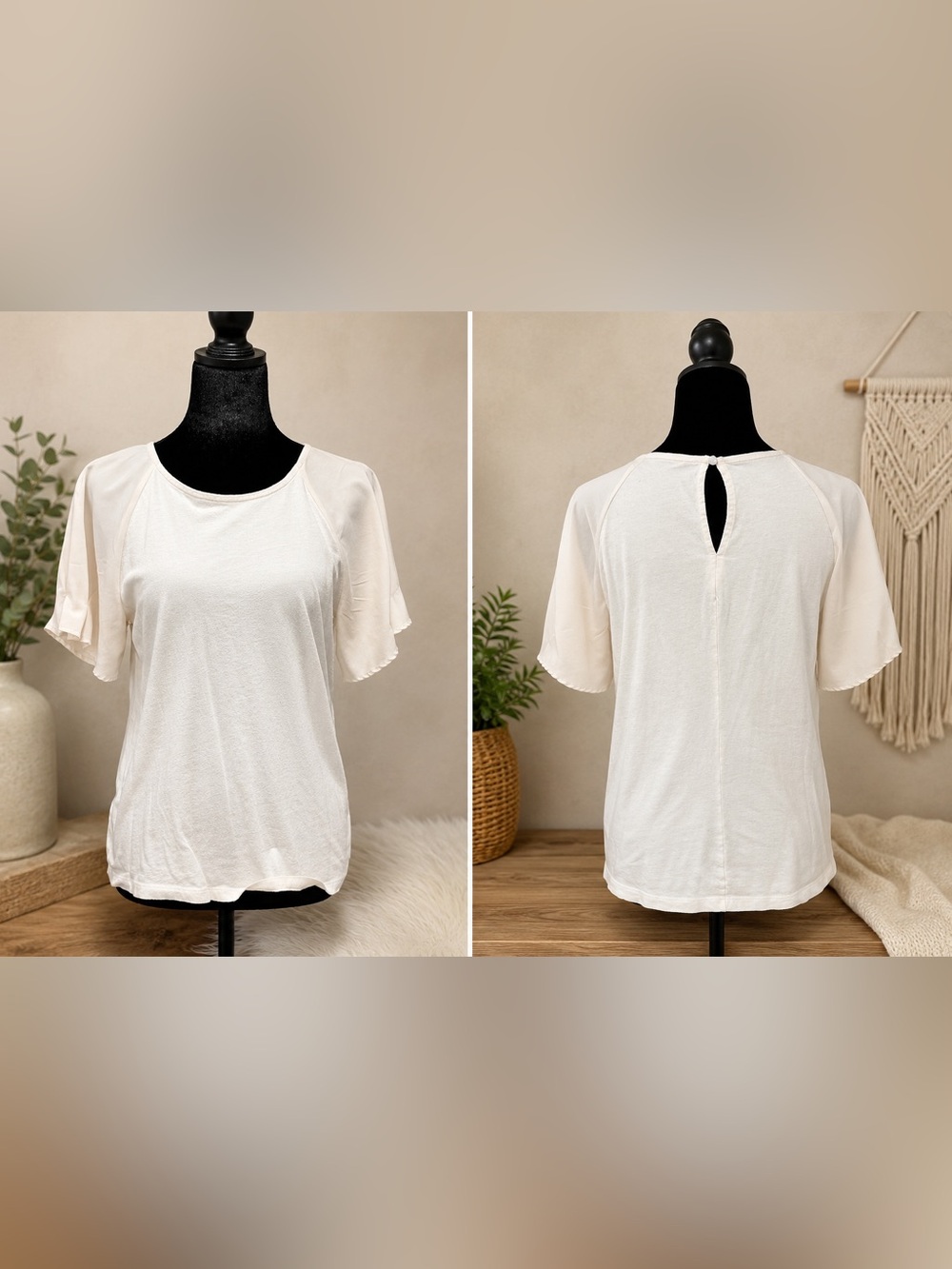 Cream Pleated Sleeve Keyhole Back Blouse | Lightweight Women’s Top Size Medium